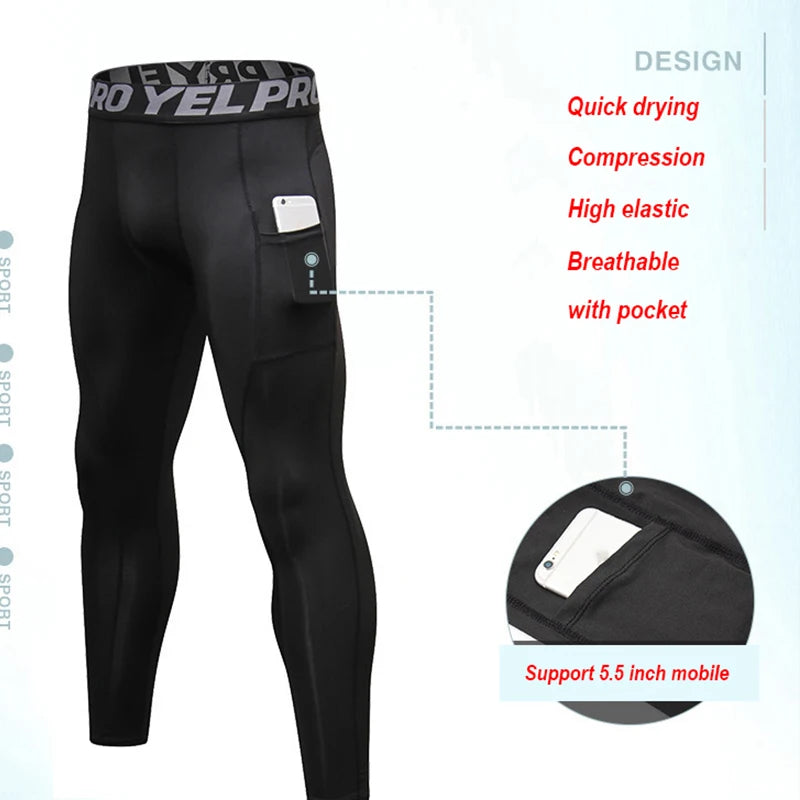 Men's Running Compression Tights with Phone Pocket - Athletic Leggings