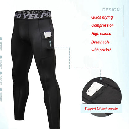 Men's Running Compression Tights with Phone Pocket - Athletic Leggings
