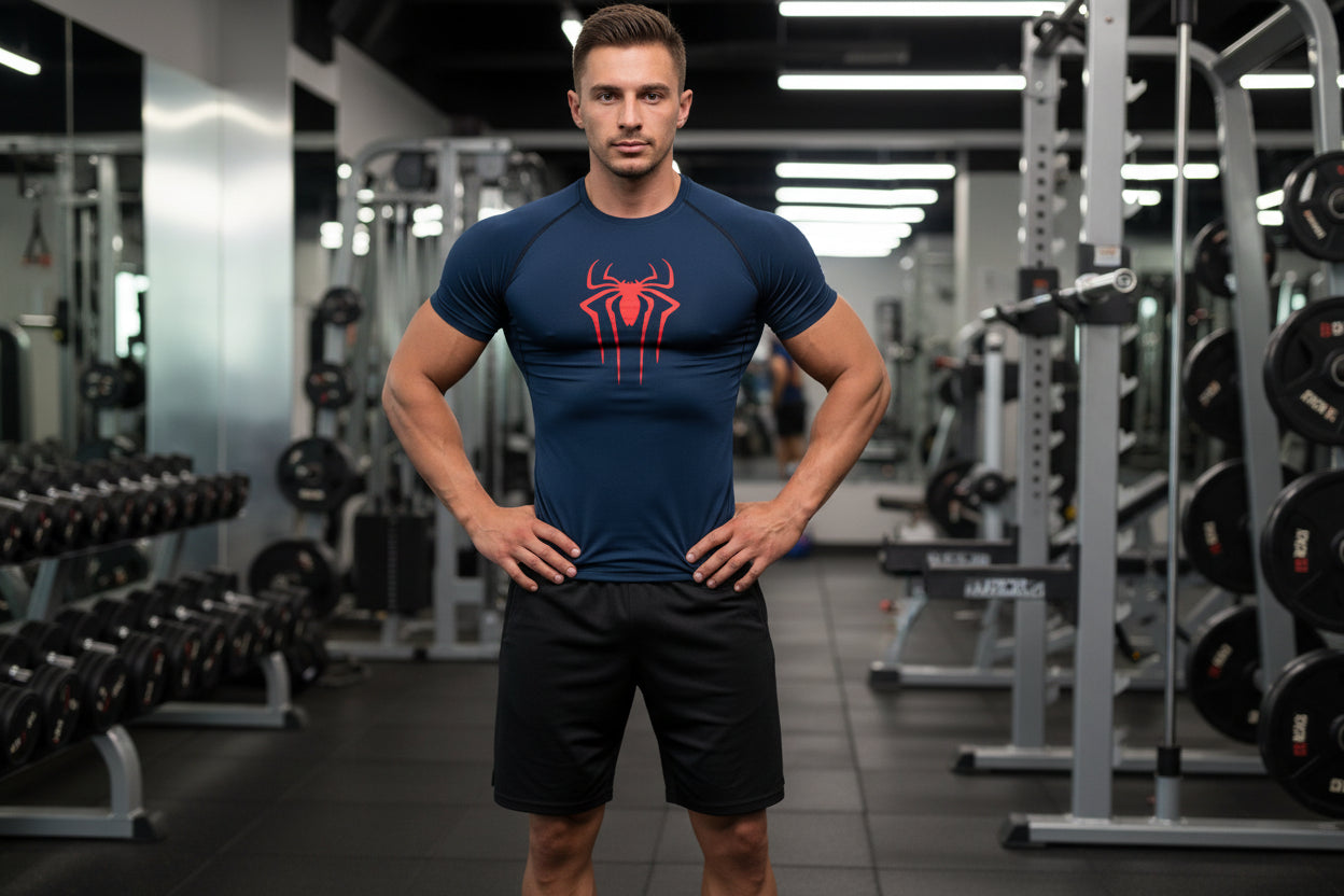 Navy blue t-shirt with a red spider logo on a white background