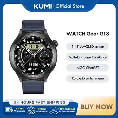 KUMI Gear GT3 AMOLED Smart Watch - AI Voice and Bluetooth Calling