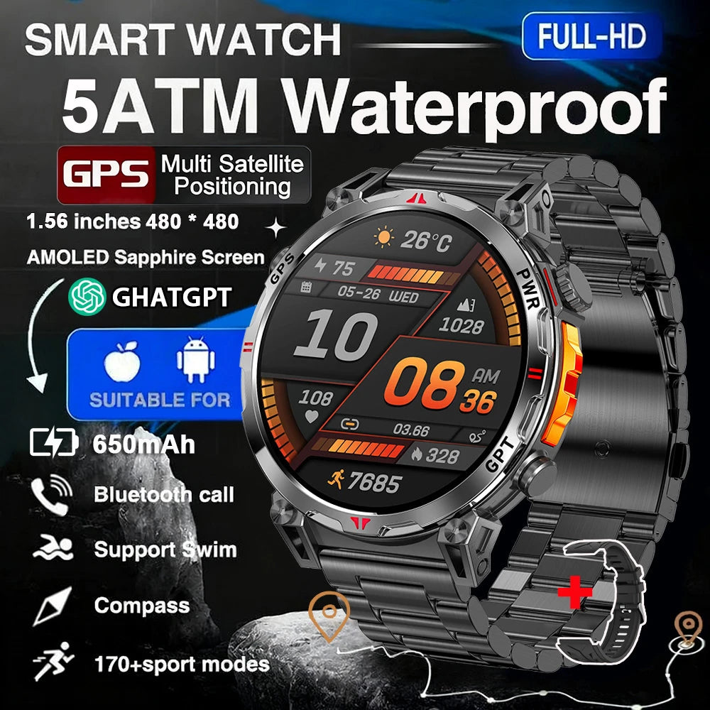 Military GPS Smart Watch - 5ATM Waterproof Rugged Tracker