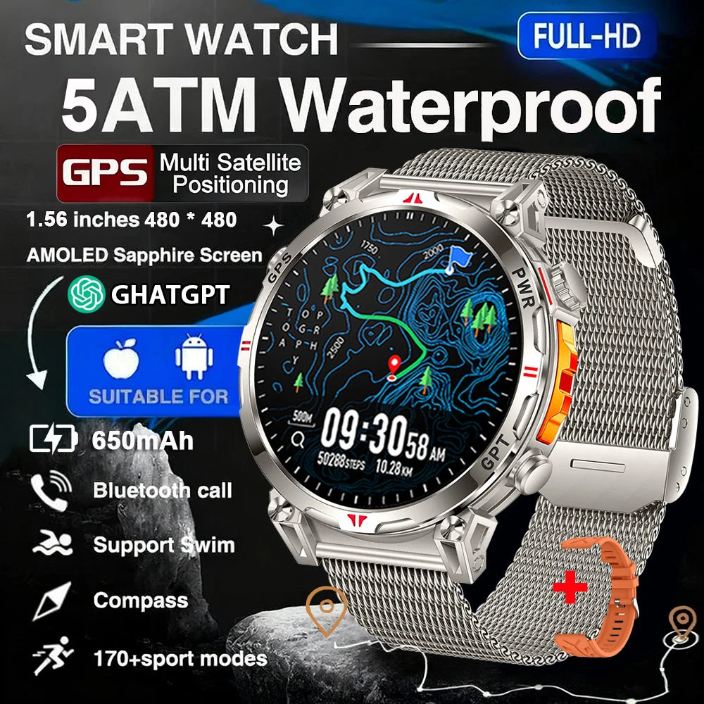 Military GPS Smart Watch - 5ATM Waterproof Rugged Tracker