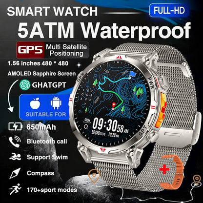 Military GPS Smart Watch - 5ATM Waterproof Rugged Tracker
