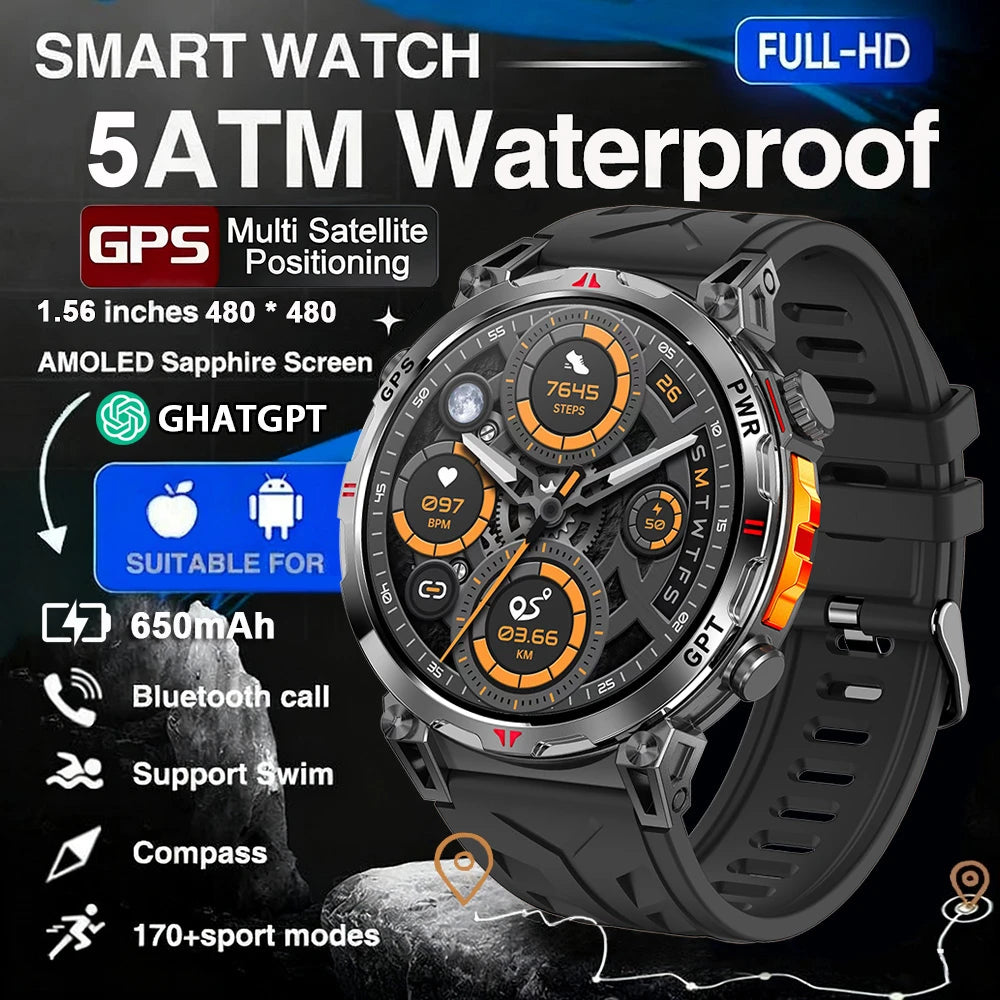 Military GPS Smart Watch - 5ATM Waterproof Rugged Tracker