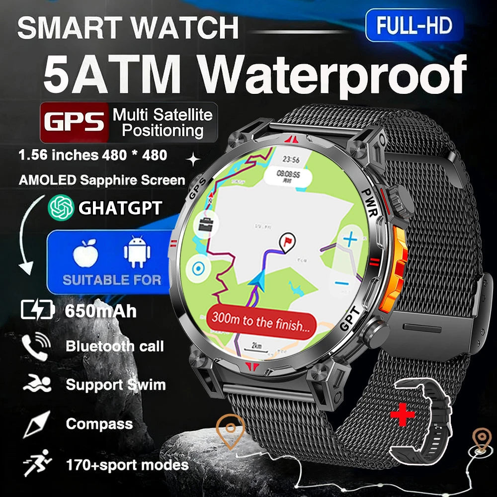 Military GPS Smart Watch - 5ATM Waterproof Rugged Tracker