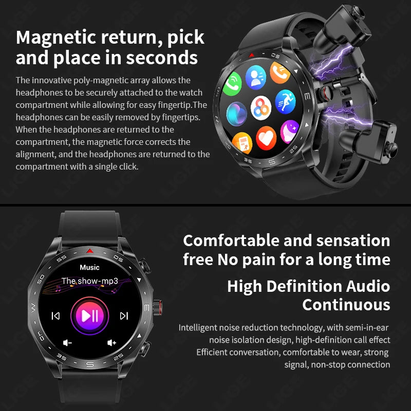 LIGE 2-in-1 Smart Watch with Earbuds - AMOLED Fitness Tracker